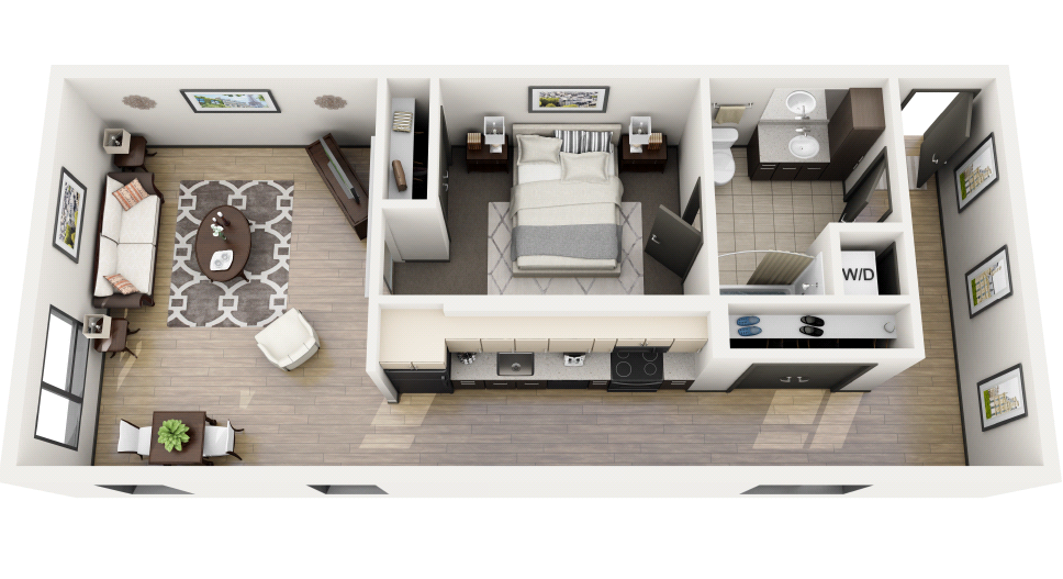 Floor plan for 1 bed, 1 bath, 718 sqft